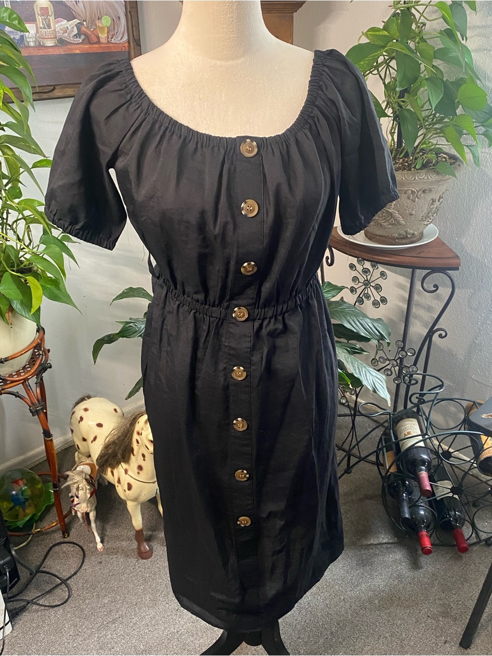 IVIVI Black Button-Front Midi Dress with Elastic Waist